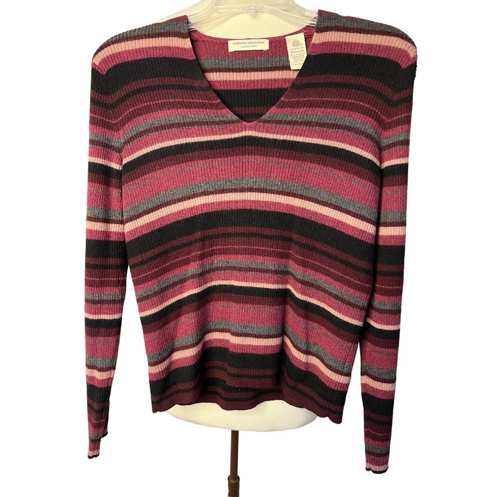 Valerie Stevens Separates Large Wool Sweater Purple Striped Long Sleeve FLAW